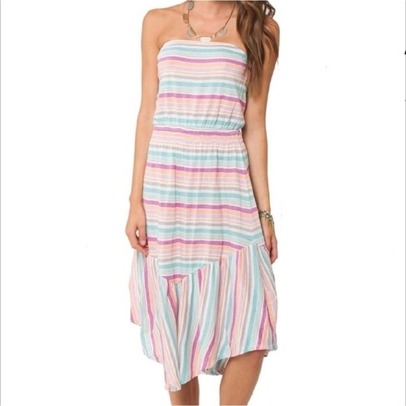 O'Neill Colorful Striped Beachy Summer Strapless Flowy Tiered Midi Dress - Picture 1 of 11